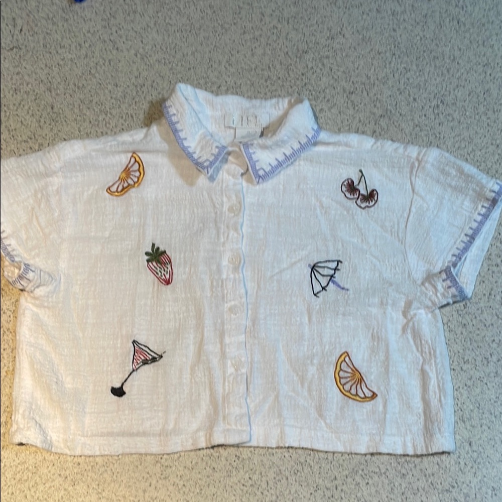 White Button Down Shirt with Whimsical Embroidery